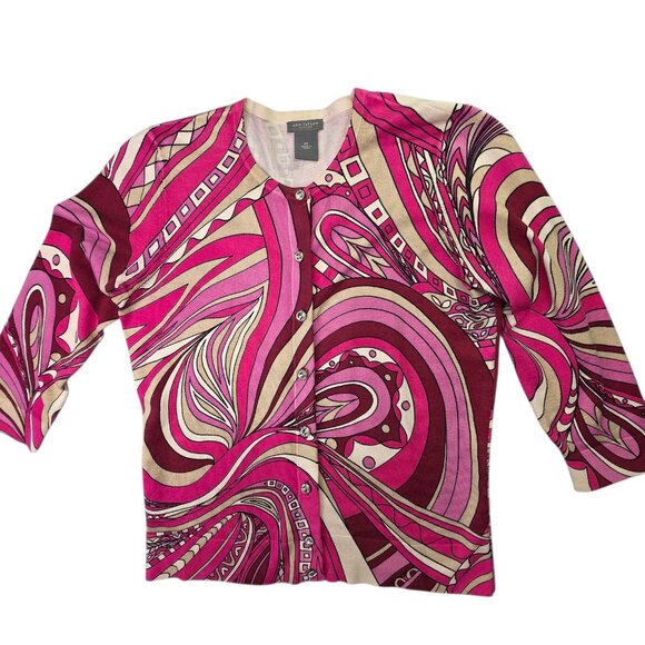 Ann Taylor Sweater Women Small P Pink Abstract Art Silk Blend Cardigan Colorful - Picture 1 of 12